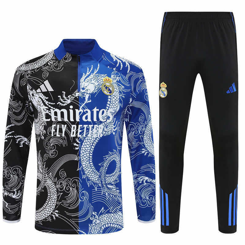 Real Madrid 25/26 half zip treningssett – dragemønster svart/blå