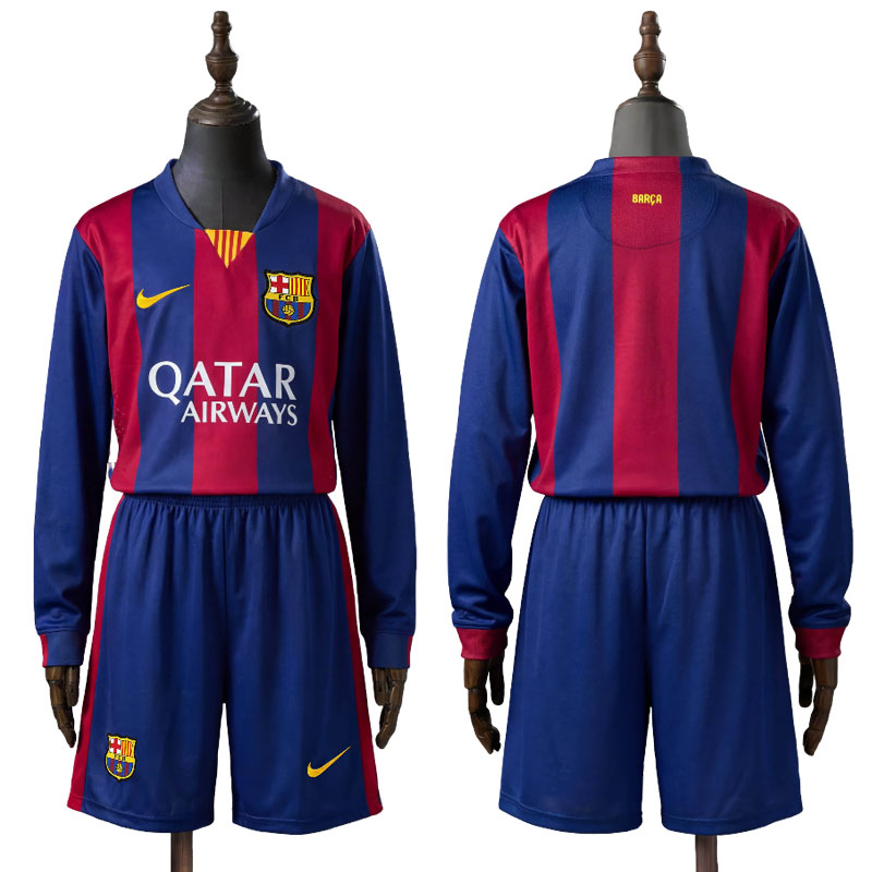Retro Barcelona 14/15 hjemmedrakt barn langermet – fotballdrakt med shorts