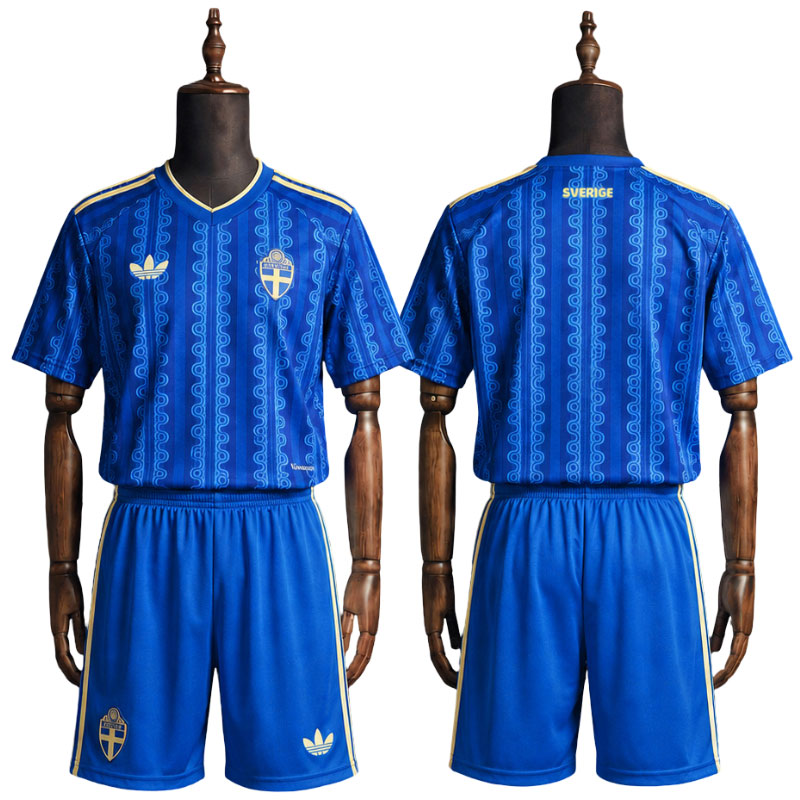 Sverige barn bortedrakt 2026 - blå VM-drakt med shorts