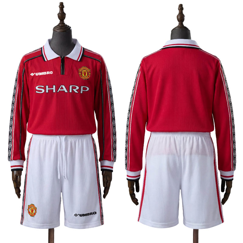 Man United 1998-2000 langermet hjemmedrakt barn - retro fotballdrakt sett