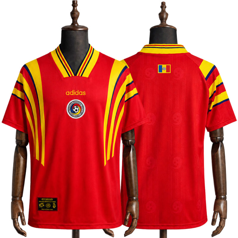 Kjøp Romania 1996 retro fotballdrakt – rød bortedrakt til herre