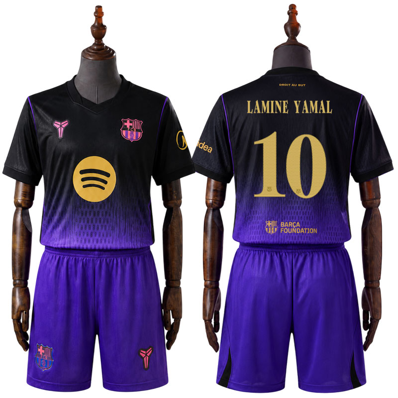 Lamine Yamal 10 FC Barcelona Bortedrakt 2026/27 Barn - Svart og Lilla Draktsett med Shorts